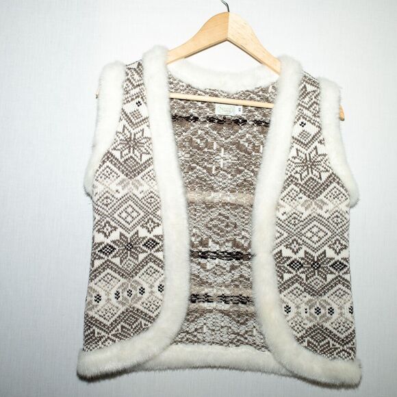 Natural Style XS knit fur trim wool vest neutral geometric southwest western - Picture 1 of 6